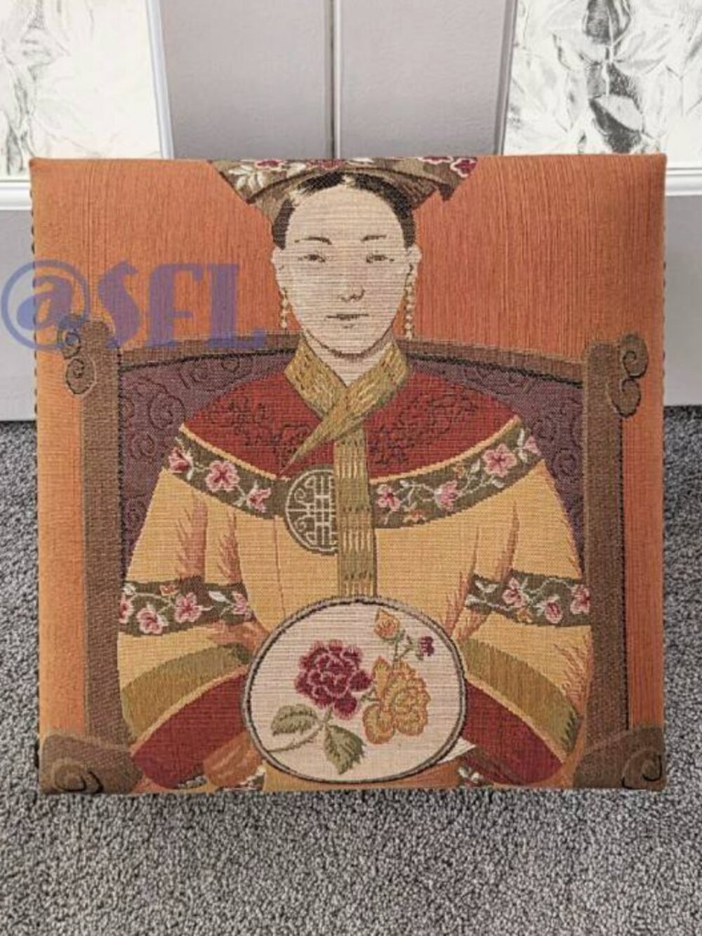 Vtg LOSIS Tapestry Chinese Empress Padded Foot Stool Made In France Very Rare